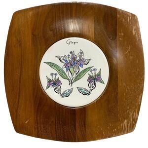 Vintage Vermillion Ginger Flower Ceramic Inset Real Walnut Wood Snack Platter